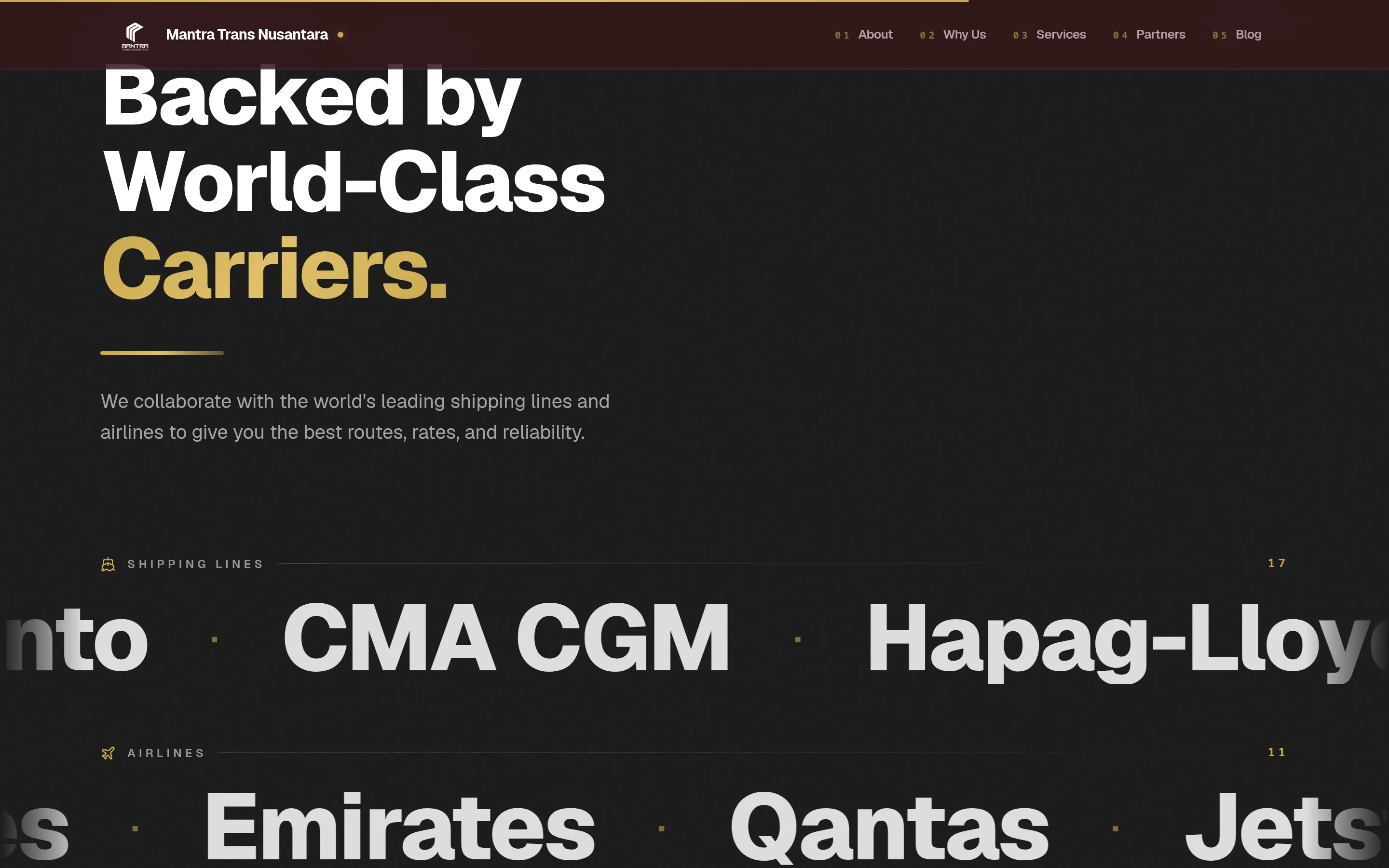 Partners section: “Backed by World-Class Carriers.” above marquees of shipping lines and airlines