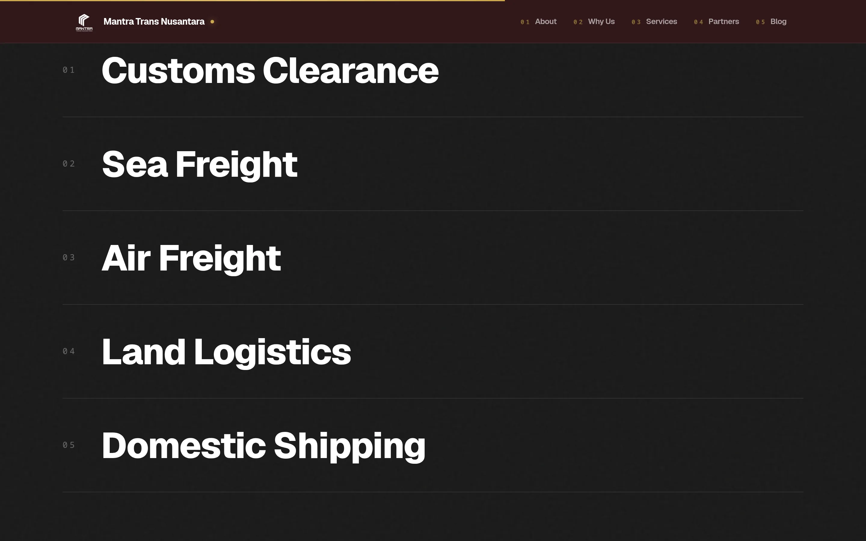Services list: Customs Clearance, Sea Freight, Air Freight, Land Logistics and Domestic Shipping