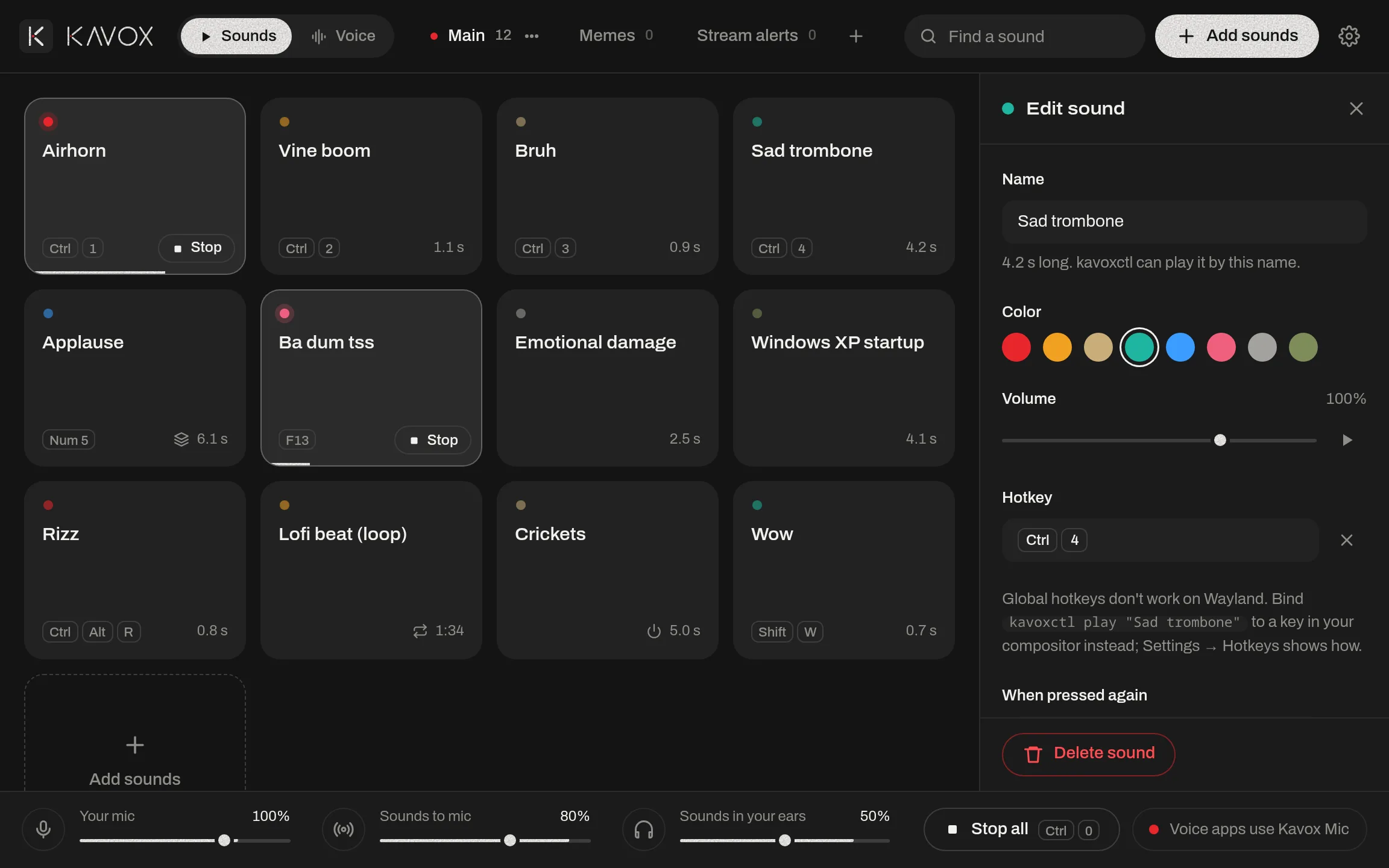 Pad editor for Sad trombone: name, colour, volume and hotkey, with a note on binding kavoxctl under Wayland