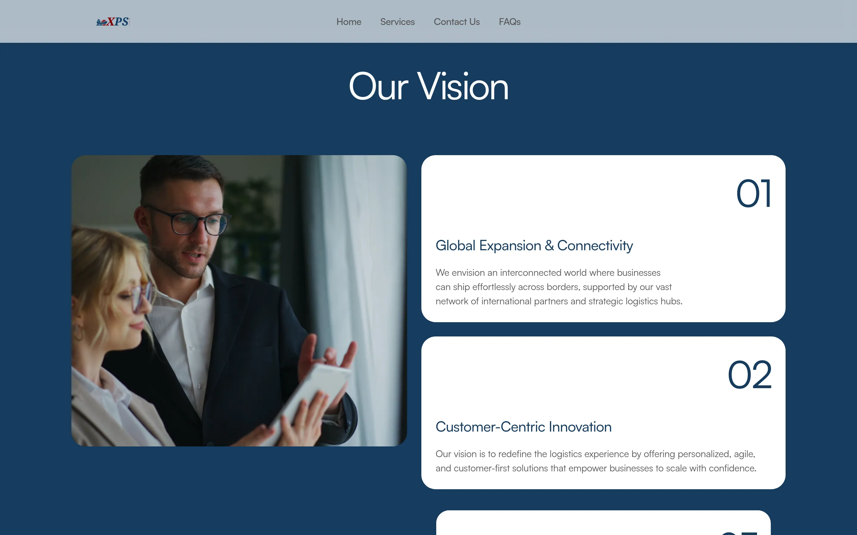 Our Vision section with numbered vision cards